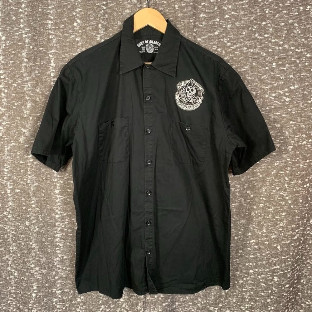 Sons of Anarchy Black Button Up Shirt Short Sleeve Biker Reaper Patch Men's XL - Picture 1 of 8